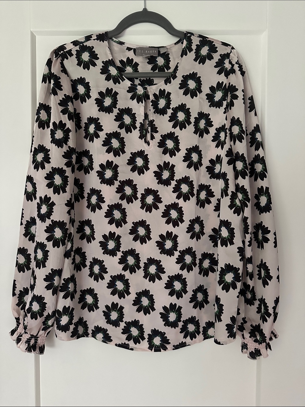 Ted Baker Pale Pink Blouse with Black Floral Print
